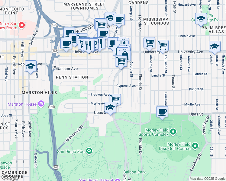 map of restaurants, bars, coffee shops, grocery stores, and more near 3611 Park Boulevard in San Diego
