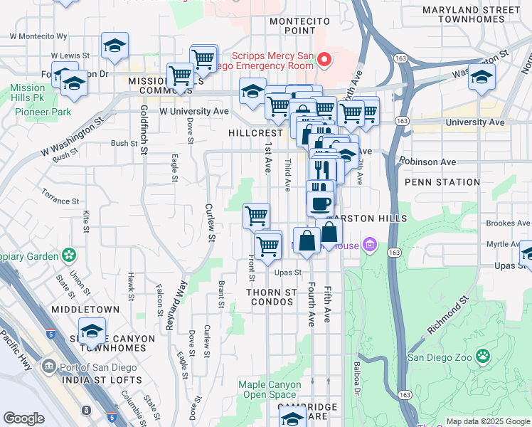 map of restaurants, bars, coffee shops, grocery stores, and more near 3605 1st Avenue in San Diego