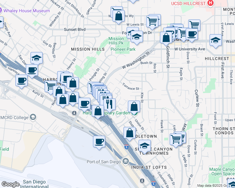 map of restaurants, bars, coffee shops, grocery stores, and more near in San Diego