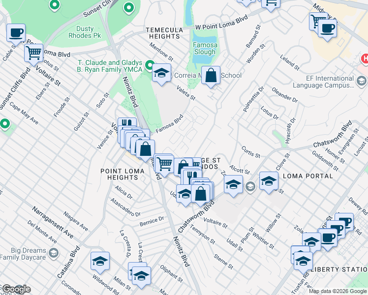 map of restaurants, bars, coffee shops, grocery stores, and more near 2313 Caminito Recodo in San Diego
