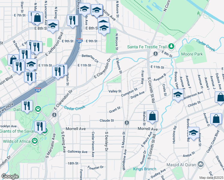 map of restaurants, bars, coffee shops, grocery stores, and more near 1338 Valley Street in Dallas