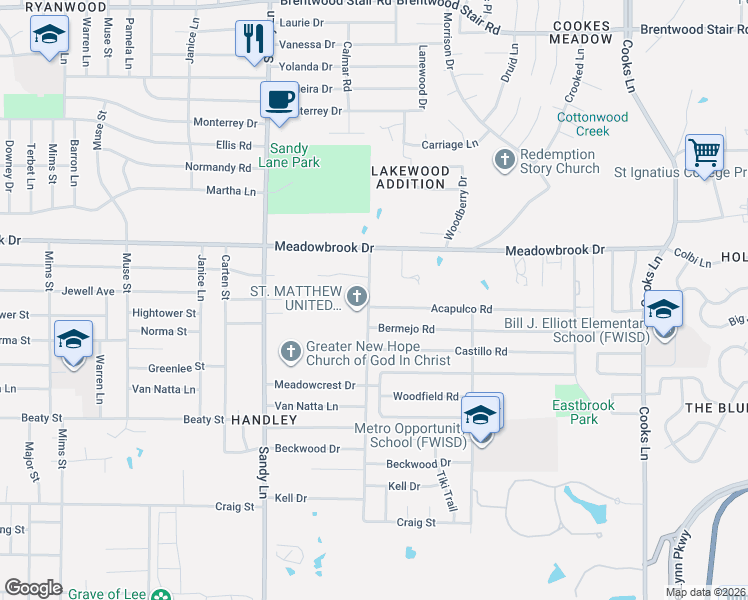 map of restaurants, bars, coffee shops, grocery stores, and more near 7503 Acapulco Road in Fort Worth