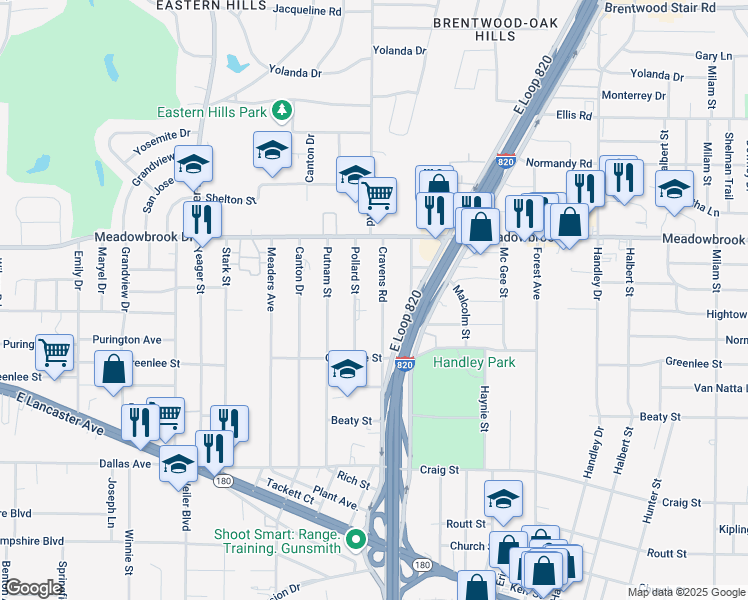 map of restaurants, bars, coffee shops, grocery stores, and more near 2509 Cravens Road in Fort Worth