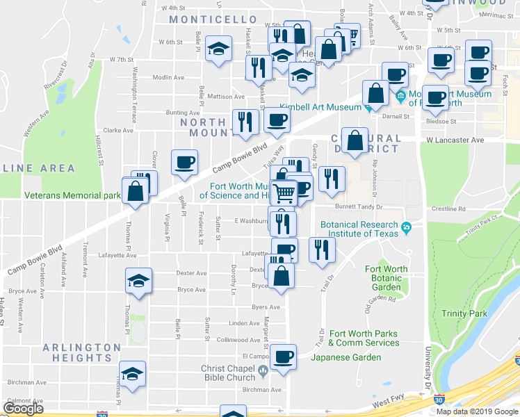 map of restaurants, bars, coffee shops, grocery stores, and more near 3612 East Washburn Avenue in Fort Worth