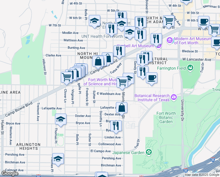 map of restaurants, bars, coffee shops, grocery stores, and more near 3700 Washburn Avenue in Fort Worth