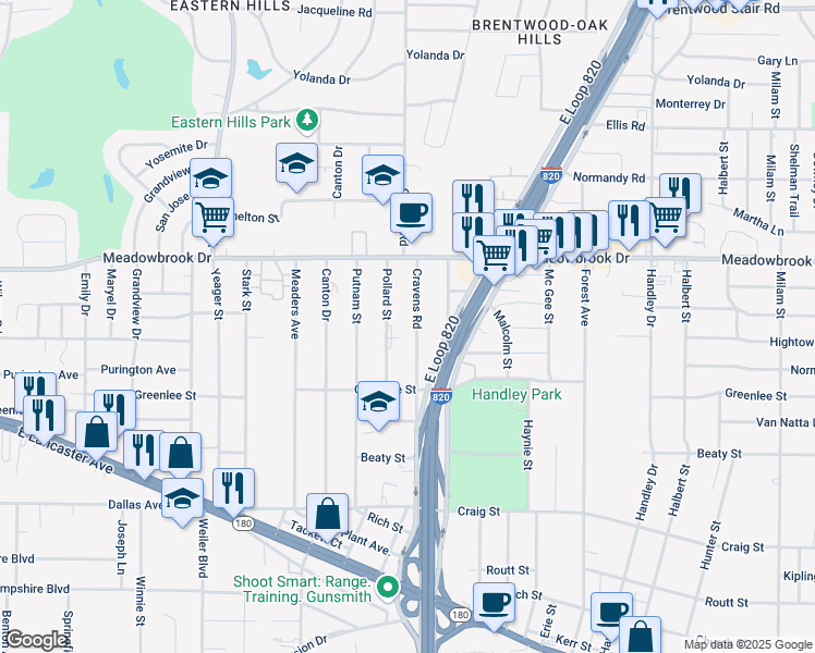 map of restaurants, bars, coffee shops, grocery stores, and more near 2509 Cravens Road in Fort Worth