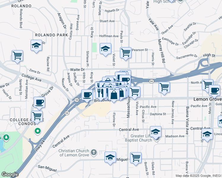 map of restaurants, bars, coffee shops, grocery stores, and more near 7090 Broadway in Lemon Grove