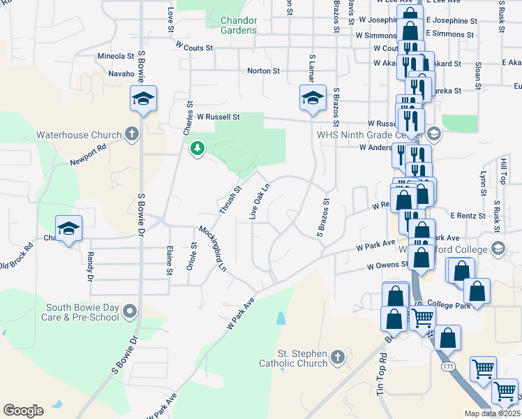 map of restaurants, bars, coffee shops, grocery stores, and more near 206 West Ridge Street in Weatherford