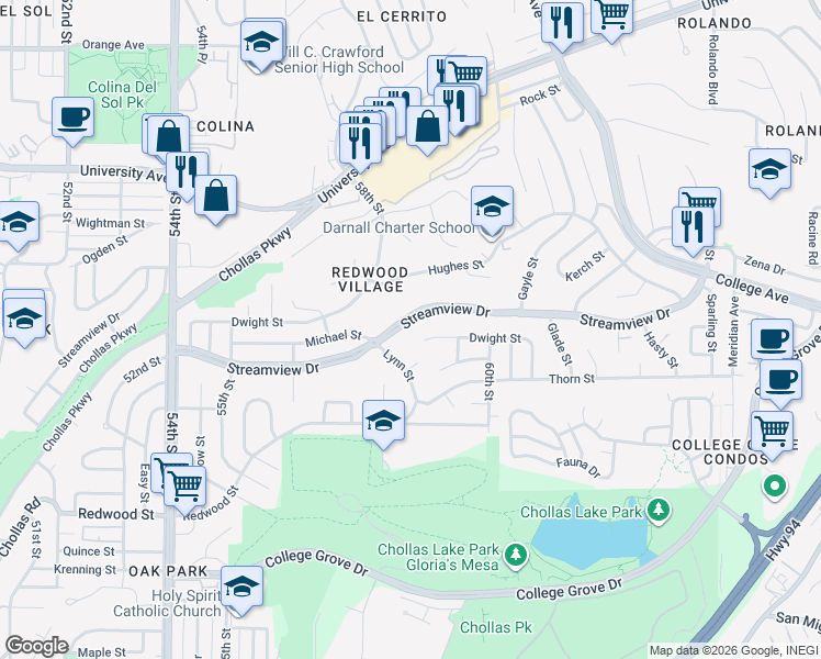 map of restaurants, bars, coffee shops, grocery stores, and more near 5829 Streamview Drive in San Diego