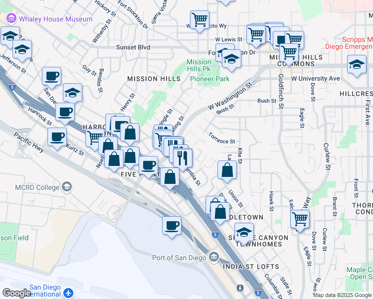map of restaurants, bars, coffee shops, grocery stores, and more near 1662 Linwood Street in San Diego