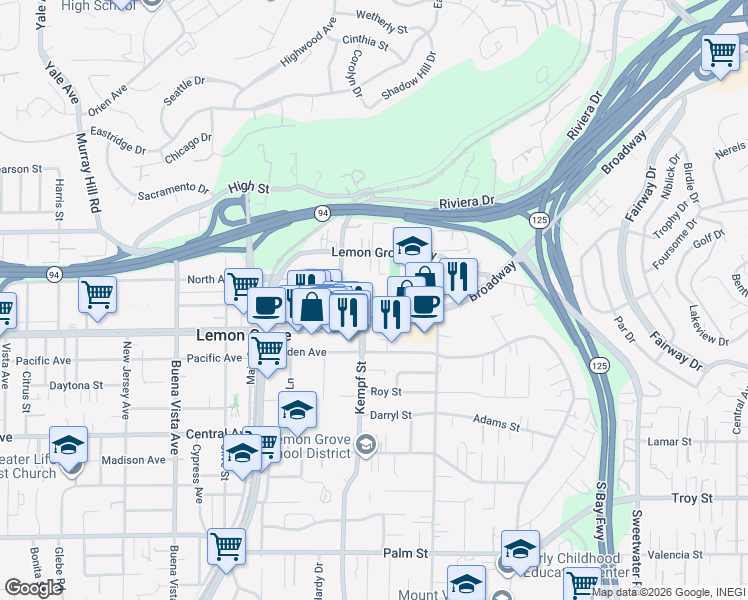 map of restaurants, bars, coffee shops, grocery stores, and more near 3525 Grove Street in Lemon Grove