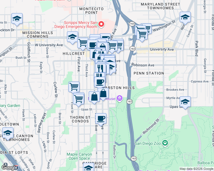 map of restaurants, bars, coffee shops, grocery stores, and more near 3630 6th Avenue in San Diego