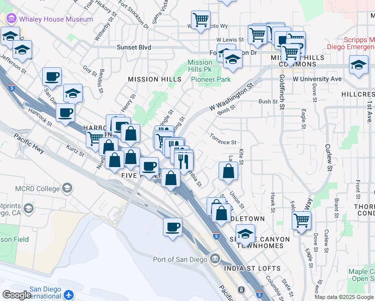 map of restaurants, bars, coffee shops, grocery stores, and more near 1662 Linwood Street in San Diego