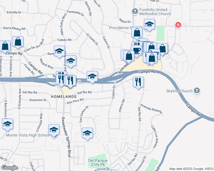 map of restaurants, bars, coffee shops, grocery stores, and more near 10531 Campo Road in Spring Valley
