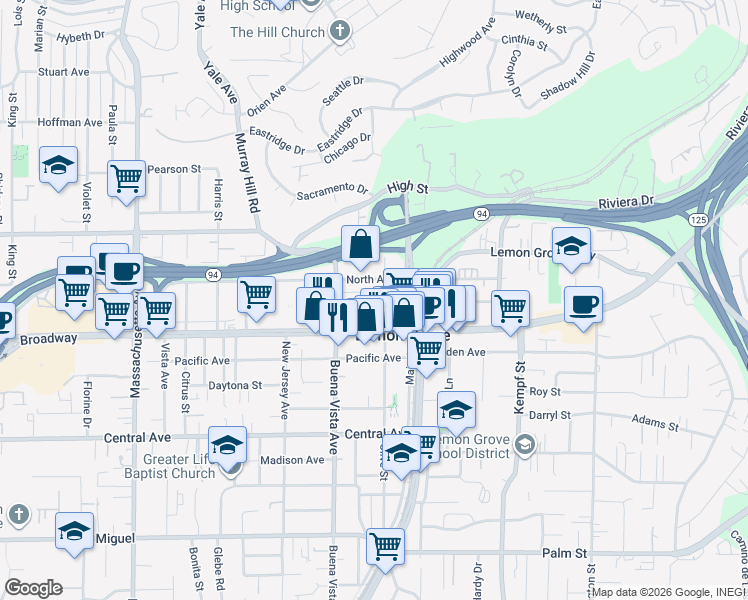 map of restaurants, bars, coffee shops, grocery stores, and more near 7680 Lemon Avenue in Lemon Grove