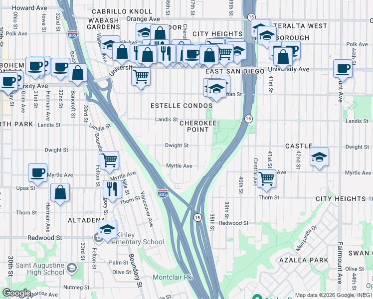 map of restaurants, bars, coffee shops, grocery stores, and more near 3543 Cherokee Avenue in San Diego