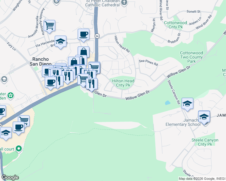 map of restaurants, bars, coffee shops, grocery stores, and more near 2564 Royal Saint James Drive in El Cajon