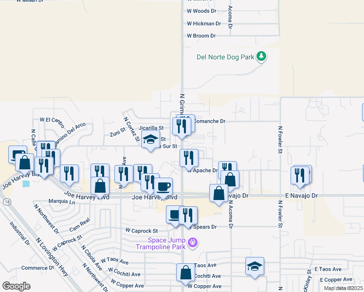 map of restaurants, bars, coffee shops, grocery stores, and more near 704 West Calle Sur Street in Hobbs