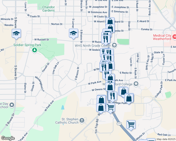 map of restaurants, bars, coffee shops, grocery stores, and more near 243 Rentz Place Circle in Weatherford