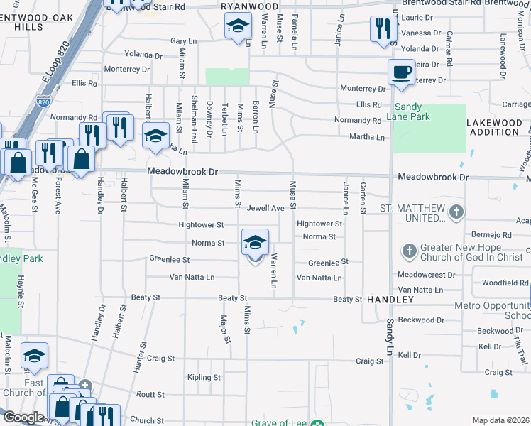 map of restaurants, bars, coffee shops, grocery stores, and more near 7120 Jewell Avenue in Fort Worth
