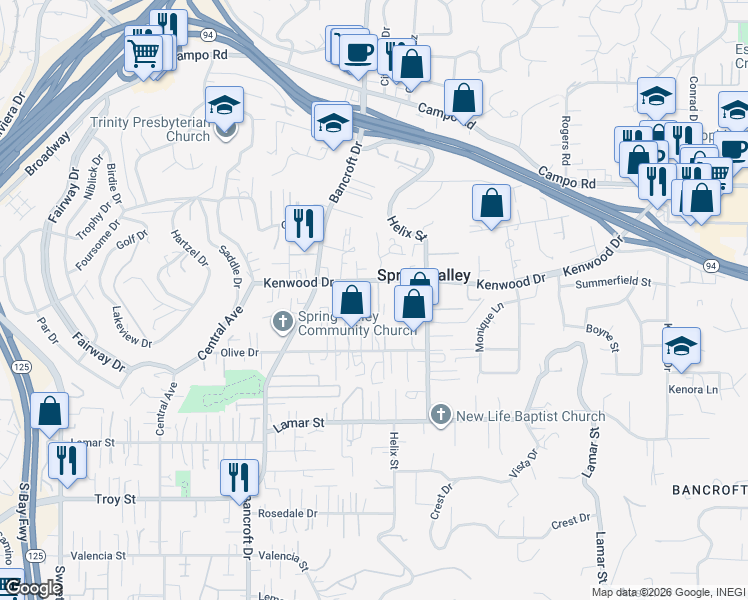map of restaurants, bars, coffee shops, grocery stores, and more near 9121 Kenwood Drive in Spring Valley