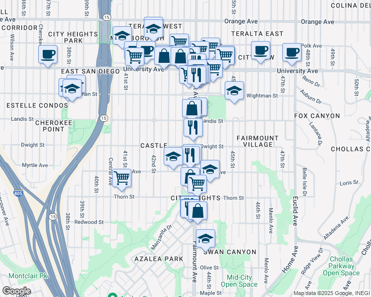map of restaurants, bars, coffee shops, grocery stores, and more near 3569 43rd Street in San Diego