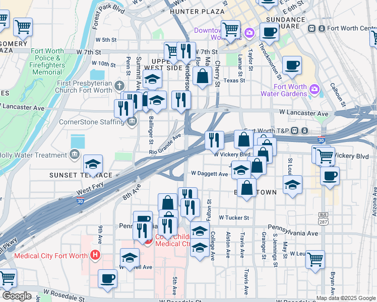 map of restaurants, bars, coffee shops, grocery stores, and more near Interstate 30 in Fort Worth