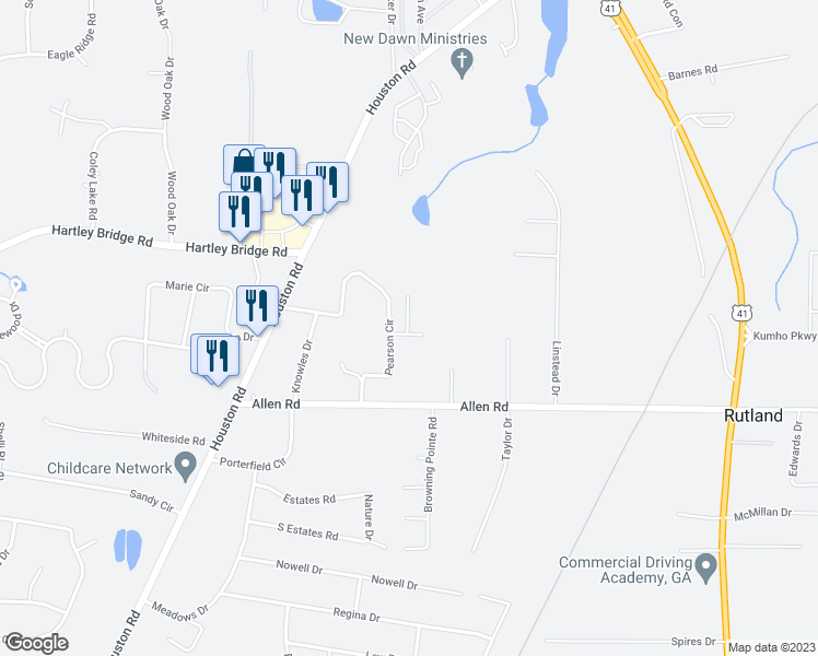 map of restaurants, bars, coffee shops, grocery stores, and more near 107 Allentown Lane in Macon