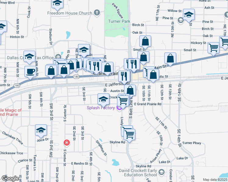 map of restaurants, bars, coffee shops, grocery stores, and more near 609 Austin Street in Grand Prairie
