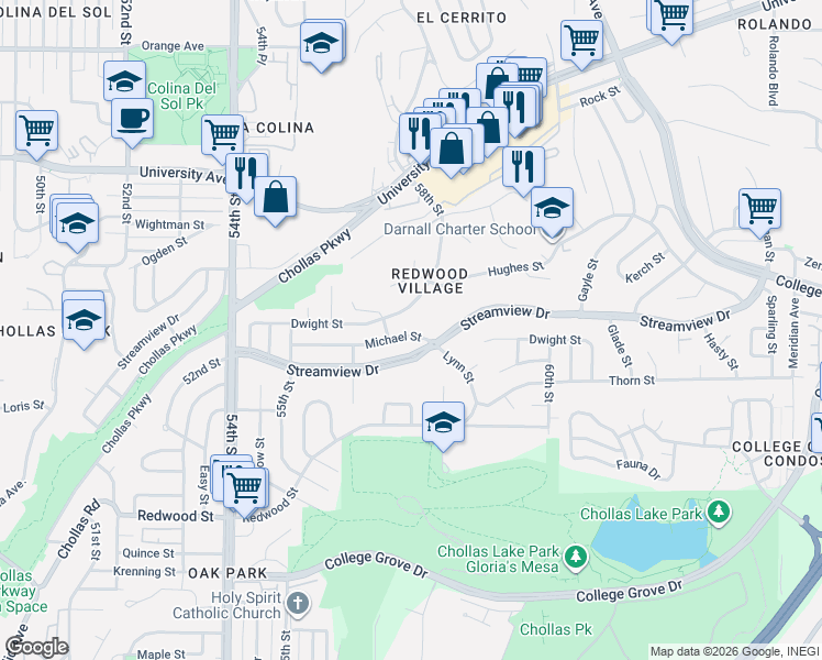map of restaurants, bars, coffee shops, grocery stores, and more near 5732 Michael Street in San Diego