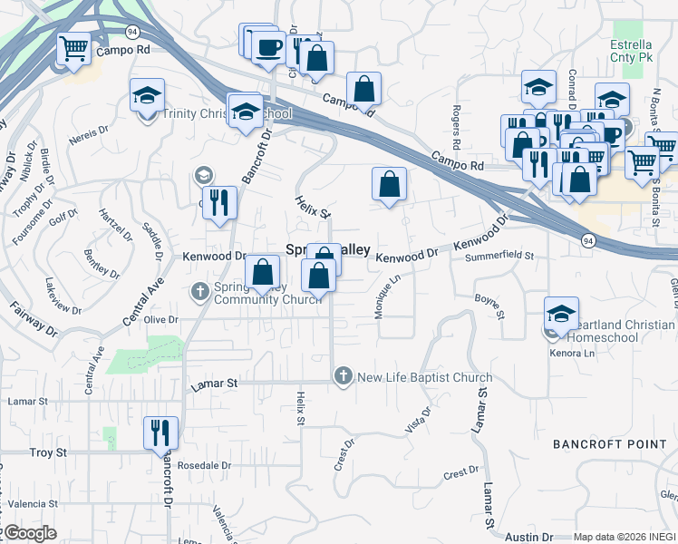 map of restaurants, bars, coffee shops, grocery stores, and more near 3423 Helix Street in Spring Valley