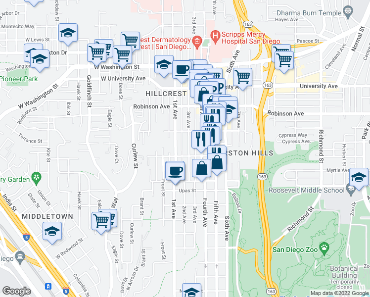 map of restaurants, bars, coffee shops, grocery stores, and more near 3605 1st Avenue in San Diego