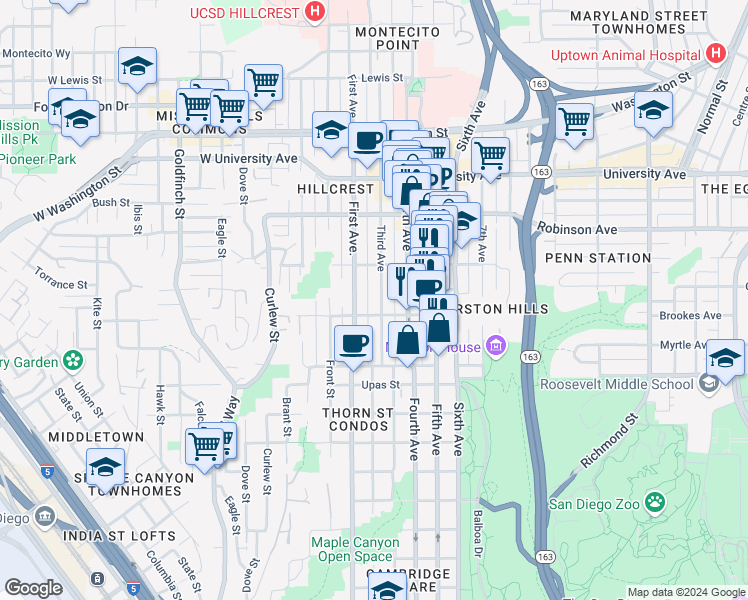 map of restaurants, bars, coffee shops, grocery stores, and more near in San Diego