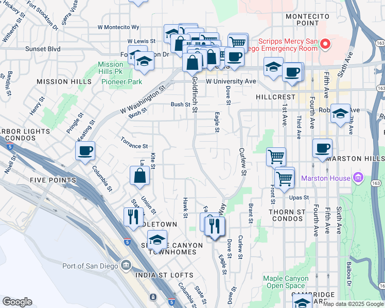 map of restaurants, bars, coffee shops, grocery stores, and more near Reynard Way in San Diego