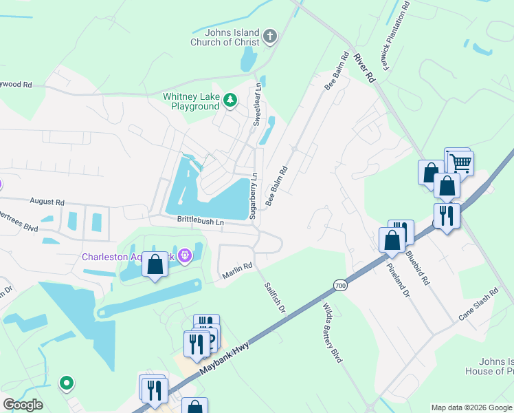 map of restaurants, bars, coffee shops, grocery stores, and more near 3038 Sugarberry Lane in Johns Island