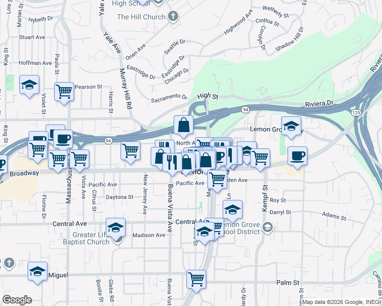map of restaurants, bars, coffee shops, grocery stores, and more near 7680 Lemon Avenue in Lemon Grove