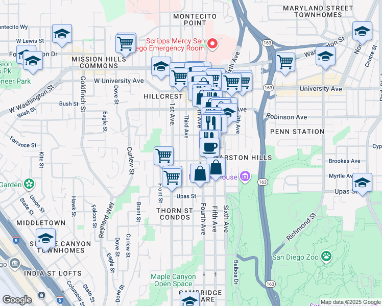 map of restaurants, bars, coffee shops, grocery stores, and more near in San Diego