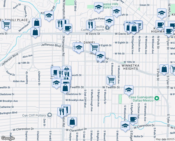 map of restaurants, bars, coffee shops, grocery stores, and more near 219 South Marlborough Avenue in Dallas