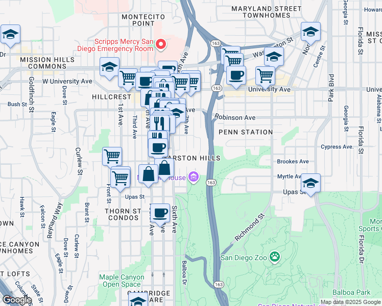 map of restaurants, bars, coffee shops, grocery stores, and more near in San Diego