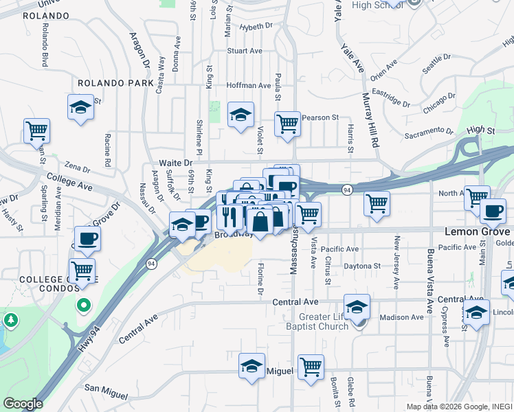 map of restaurants, bars, coffee shops, grocery stores, and more near 7090 Broadway in Lemon Grove