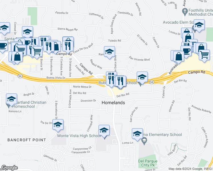 map of restaurants, bars, coffee shops, grocery stores, and more near 3917 Sweetwater Springs Boulevard in Spring Valley