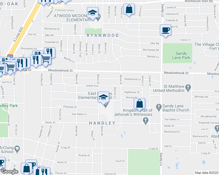 map of restaurants, bars, coffee shops, grocery stores, and more near 7120 Jewell Avenue in Fort Worth