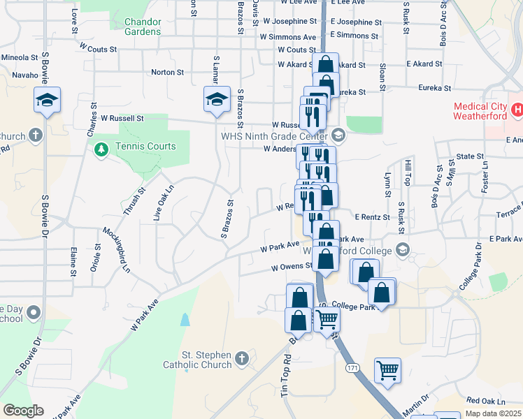 map of restaurants, bars, coffee shops, grocery stores, and more near 241 Rentz Place Circle in Weatherford