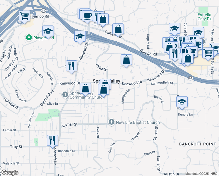 map of restaurants, bars, coffee shops, grocery stores, and more near 3435 Helix Street in Spring Valley