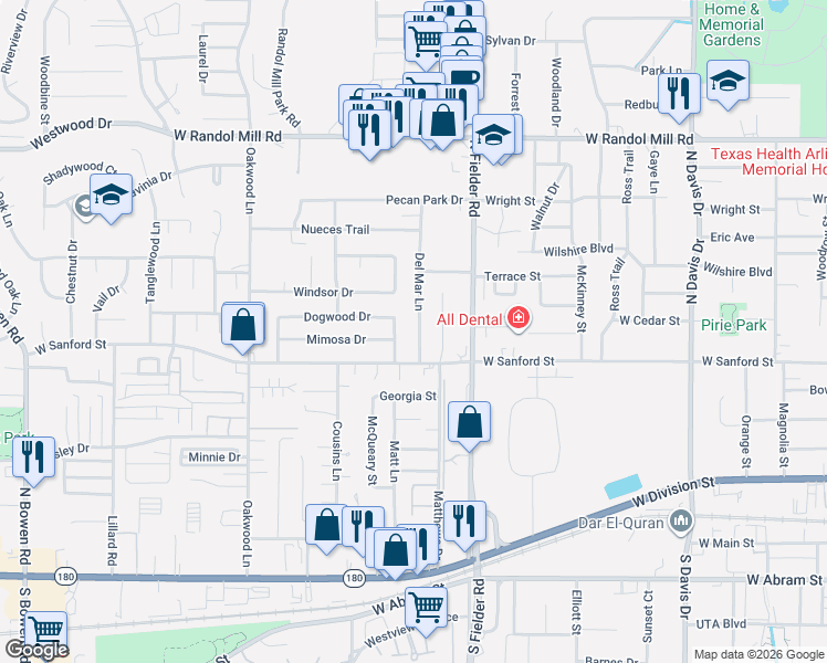 map of restaurants, bars, coffee shops, grocery stores, and more near 704 Del Mar Lane in Arlington