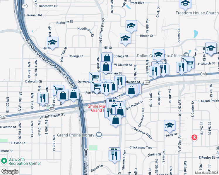 map of restaurants, bars, coffee shops, grocery stores, and more near 200 Northwest 9th Street in Grand Prairie
