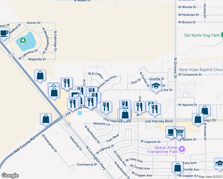 map of restaurants, bars, coffee shops, grocery stores, and more near 1503 West Calle Sur Street in Hobbs