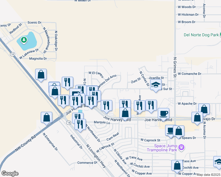 map of restaurants, bars, coffee shops, grocery stores, and more near 1515 W Calle Sur St in Hobbs