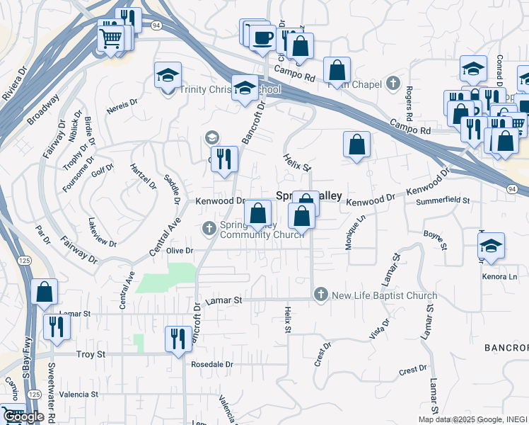 map of restaurants, bars, coffee shops, grocery stores, and more near 9109 Kenwood Drive in Spring Valley
