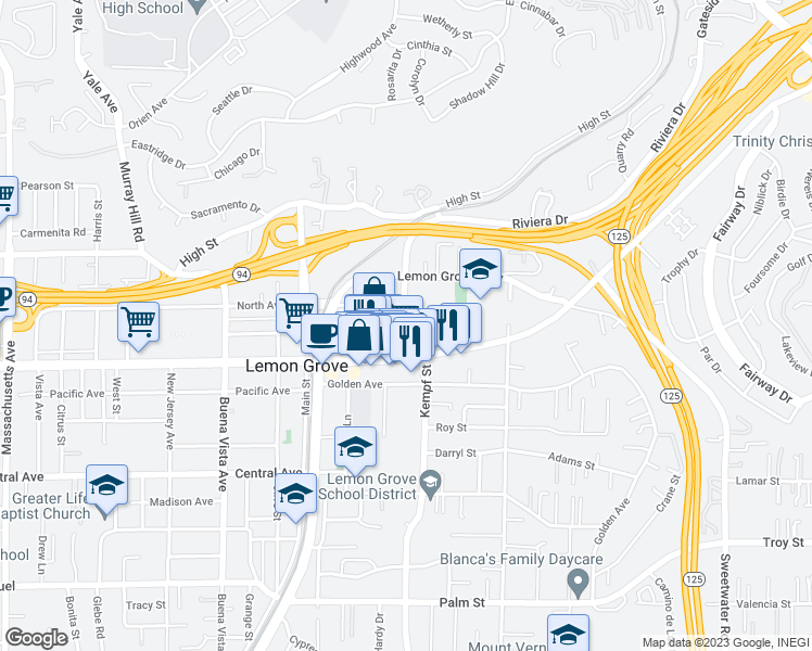 map of restaurants, bars, coffee shops, grocery stores, and more near 3465 Grove Street in Lemon Grove